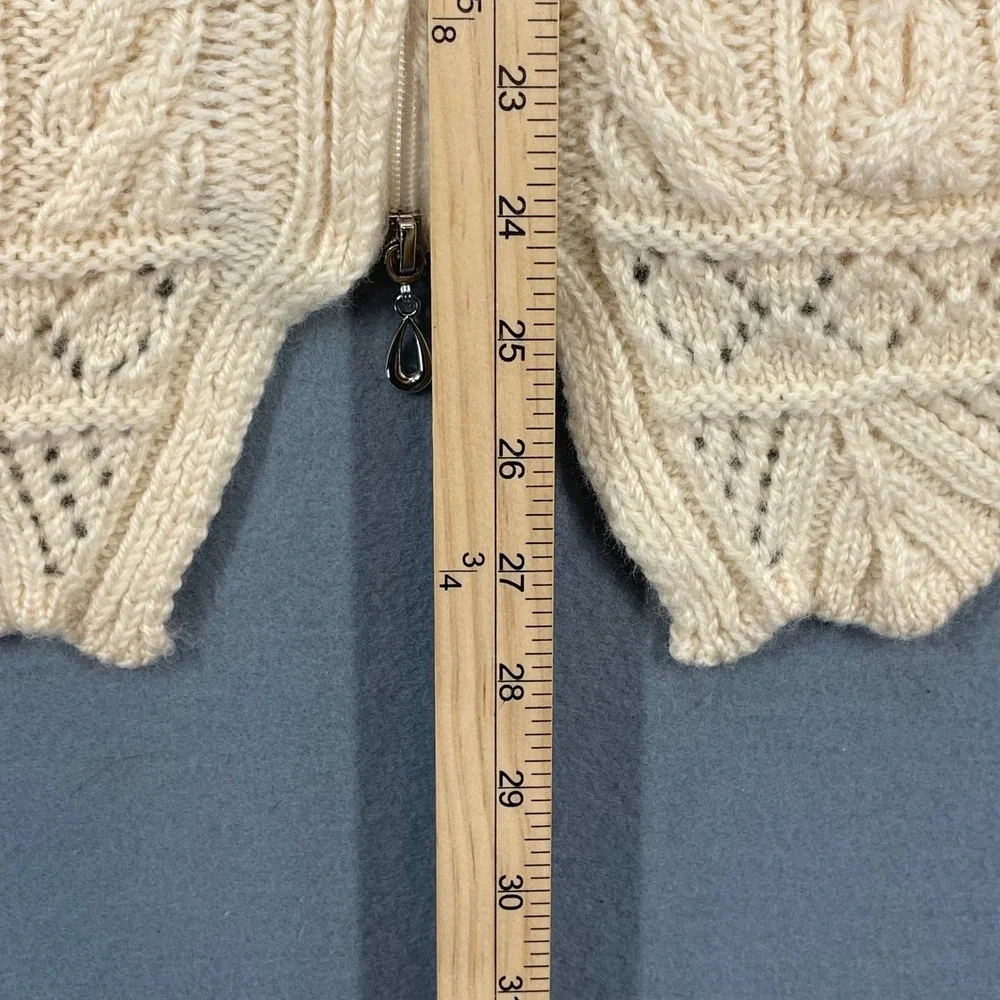Inis Crafts Cream Merino Wool Cable Knit Full Zip Cardigan Sweater Women Medium